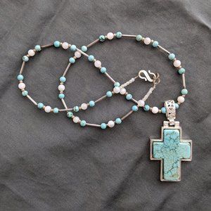 Hand-Made Silver and Turquoise Cross Necklace